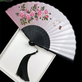 Buddha Gift Vintage Bamboo Peony Butterfly Lotus Handheld Silk Folding Fan With Bamboo Frames