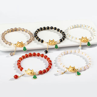 Buddha Gift Year Of The Dragon Natural Red Agate Pink Crystal Black Onyx Dumpling Luck Fu Character Bracelet