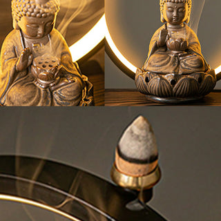 Buddha Gift Buddha Lotus Backflow Smoke Fountain Ceramic Blessing Incense Burner With Light Decoration