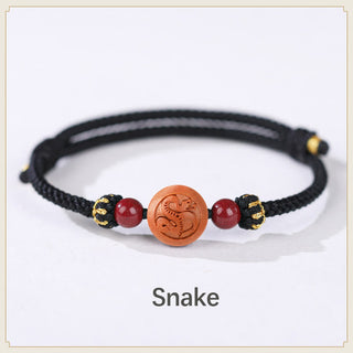 Buddha Gift Natural Peach Wood Chinese Zodiac Fu Character Carved Cinnabar Wealth Bracelet