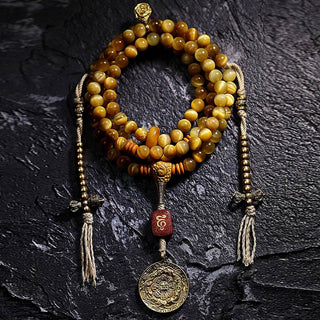Buddha Gift 108 Mala Beads Natural Tiger Eye Copper Dorje Protection Tassel Bracelet