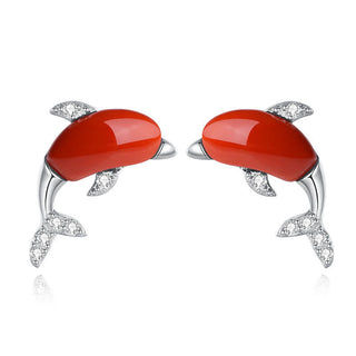 Buddha Gift 925 Sterling Silver Cute Dolphin Hetian Jade Red Agate Luck Necklace Pendant Ring Earrings Set