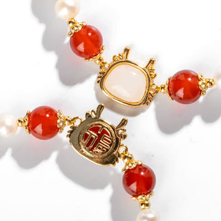 Buddha Gift 14K Gold Plated Year Of The Dragon Natural Red Agate Pearl Protection Fu Character Chain Bracelet (Extra 30% Off | USE CODE: FS30)