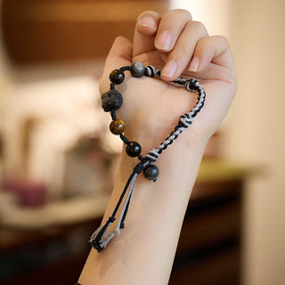 Buddha Gift Natural Fluorite Amethyst Silver Sheen Obsidian Tiger's Eye Protection Rope Bracelet