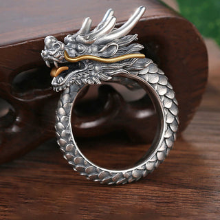 Buddha Gift 925 Sterling Silver Vintage Dragon Design Protection Strength Adjustable Ring