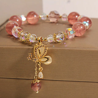 Buddha Gift Natural Strawberry Quartz Healing Positive Butterfly Charm Bracelet