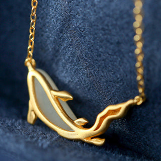 Buddha Gift 925 Sterling Silver White Jade Dolphin Luck Necklace Pendant