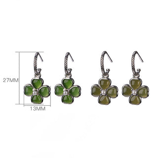 Buddha Gift 925 Sterling Silver Natural Cyan Jade Four Leaf Clover Luck Success Earrings