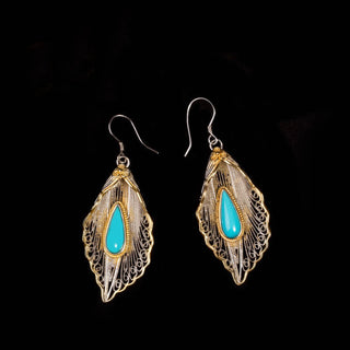 Buddha Gift 925 Sterling Silver Turquoise Bodhi Leaf Pattern Protection Drop Dangle Earrings