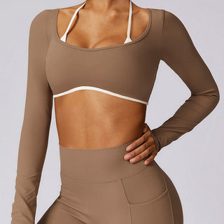 Buddha Gift Solid Color Halter Neck Bra Long Sleeve Crop Tank Top Pants Sports Fitness Gym Yoga Outfits
