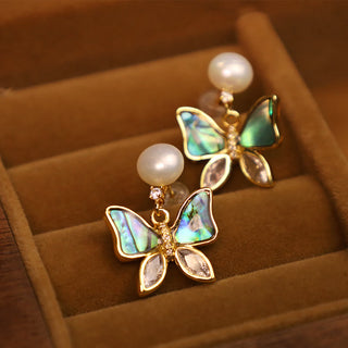 Buddha Gift 18K Gold Plated Copper Natural Shell Pearl Butterfly Sincerity Stud Earrings