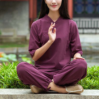 Buddha Gift 2Pcs Half Sleeve V-Neck Shirt Top Pants Meditation Zen Tai Chi Linen Clothing Women's Set