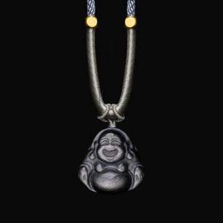 Buddha Gift Natural Silver Sheen Obsidian Laughing Buddha Protection Necklace Pendant