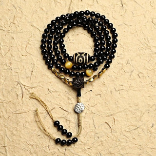Buddha Gift Tibetan 108 Mala Beads Black Onyx Three-eyed Dzi Beads Protection Bracelet