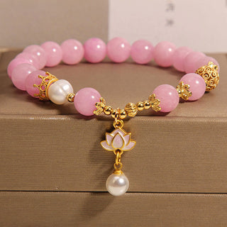 Buddha Gift Pink Jade Pearl Lotus Charm Harmony Bracelet