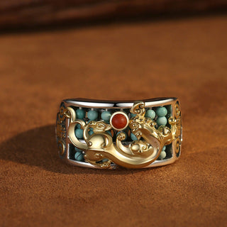 Buddha Gift 925 Sterling Silver Turquoise Red Agate PiXiu Abacus Protection Ring