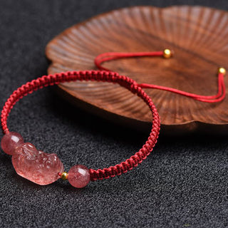 Buddha Gift Natural Strawberry Quartz PiXiu Lucky Red String Bracelet