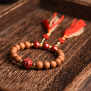 Buddha Gift Tibetan Natural Peach Wood Cinnabar PiXiu Wealth Tassels Bracelet