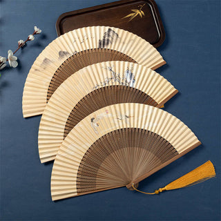 Buddha Gift Lotus Dragonfly Wild Geese Plum Blossom Handheld Silk Bamboo Folding Fan 22.5cm