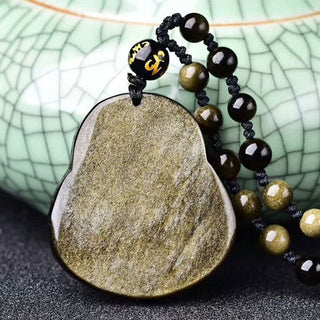 Buddha Gift Laughing Buddha Gold Sheen Obsidian Wealth Necklace Pendant