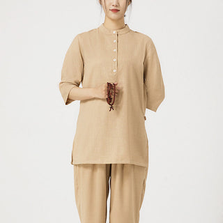 Buddha Gift 2Pcs Buttons Three Quarter Sleeve Shirt Top Pants Meditation Zen Tai Chi Cotton Linen Clothing Women's Set