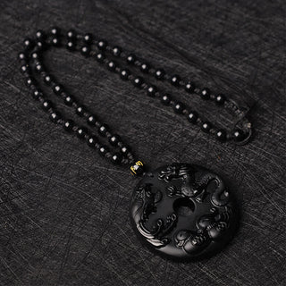 Buddha Gift Black Obsidian Dragon Phoenix Mandarin Duck Luck Protection Necklace Pendant