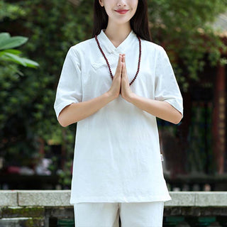 Buddha Gift 2Pcs Half Sleeve V-Neck Shirt Top Pants Meditation Zen Tai Chi Linen Clothing Women's Set