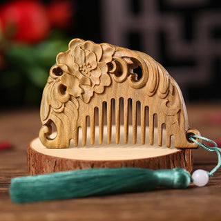 Buddha Gift Green Sandalwood Fox Peony Flower Lotus Engraved Cure Tassel Comb