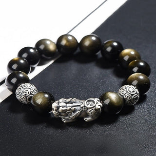 Buddha Gift 925 Sterling Silver Natural Gold Sheen Obsidian PiXiu Wealth Protection Bracelet
