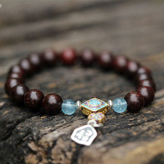 Buddha Gift 925 Sterling Silver Indian Small Leaf Red Sandalwood Aquamarine Full of Gold Star Chinese Knotting Blessing Bracelet