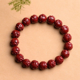 Buddha Gift Natural Cinnabar Om Mani Padme Hum Fret Pattern Lotus Blessing Bracelet