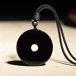 Buddha Gift Chinese Zodiac Natural Black Obsidian Peace Buckle Strength Necklace Pendant