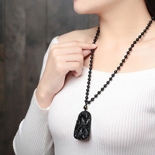 Buddha Gift Black Obsidian Koi Fish Engraved Strength Beaded Necklace Pendant