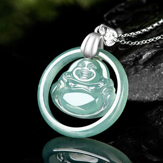 Buddha Gift 925 Sterling Silver Natural Jade Round Laughing Buddha Abundance Chain Necklace Pendant