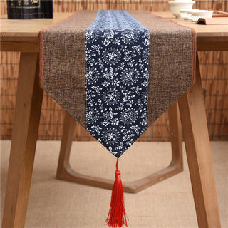 Buddha Gift Classic Chinese Style Lotus Koi Fish Flower Crane Calligraphy Enlightenment Cotton Linen Tassels Table Runner
