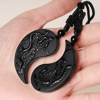 Buddha Gift Black Obsidian Yin Yang Dragon Phoenix Luck Necklace Pendant