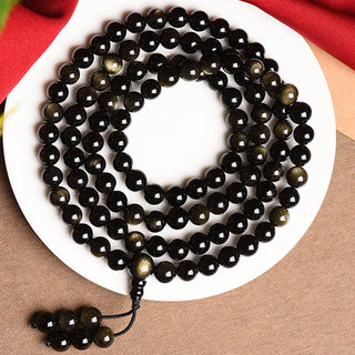Buddha Gift 108 Mala Beads Natural Gold Sheen Obsidian Wealth Bracelet