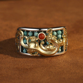Buddha Gift 925 Sterling Silver Turquoise Red Agate PiXiu Abacus Protection Ring