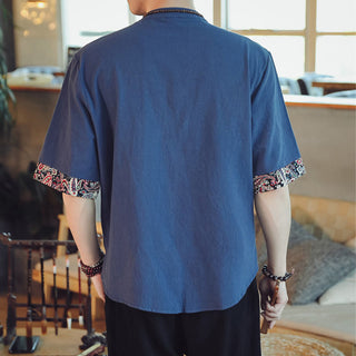 Buddha Gift Frog-Button Dragon Embroidery Chinese Tang Suit Short Sleeve Shirt Linen Men Clothing