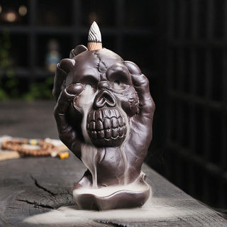 Buddha Gift Halloween Skull With Ghost Hand Purple Clay Spiritual Incense Burner Decoration