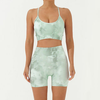 Buddha Gift 2Pcs Camo Print Backless Criss-Cross Strap Top Bra Shorts Leggings Pants Fitness Yoga Outfit Set