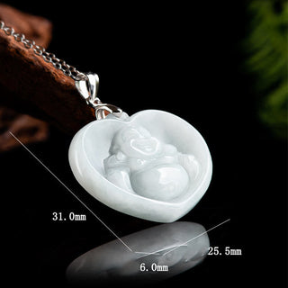Buddha Gift 925 Sterling Silver Laughing Buddha White Jade Luck Blessing Necklace Pendant