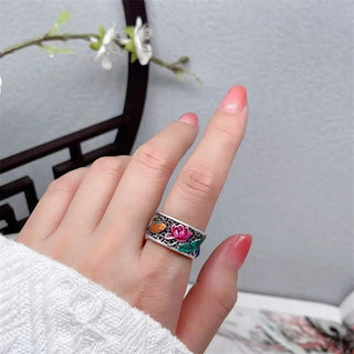 Buddha Gift Copper Blue Enamel Lotus Heart Sutra Koi Fish Luck Ring
