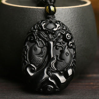 Buddha Gift Black Obsidian Koi Fish Bead Rope Fulfilment Strength Necklace Pendant
