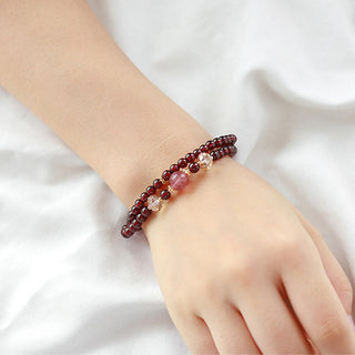 Buddha Gift 14K Gold Plated Natural Garnet Strawberry Quartz Stability Double Wrap Bracelet
