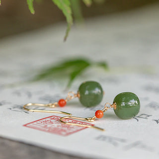 Buddha Gift 925 Sterling Silver 14K Gold Plated Hetian Jade Red Agate Luck Drop Dangle Earrings