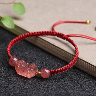 Buddha Gift Natural Strawberry Quartz PiXiu Lucky Red String Bracelet