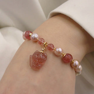 Buddha Gift Natural Pearl Strawberry Quartz Cute Fox Love Healing Charm Bracelet