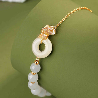 Buddha Gift 925 Sterling Silver Hetian White Jade Peace Buckle Ginkgo Leaf Luck Bracelet