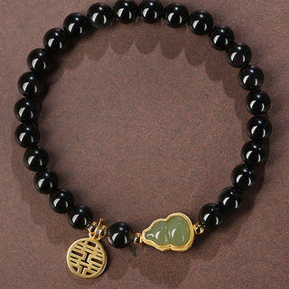 Buddha Gift Natural Black Obsidian Hetian Jade Gourd Double Happiness Strength Bracelet
